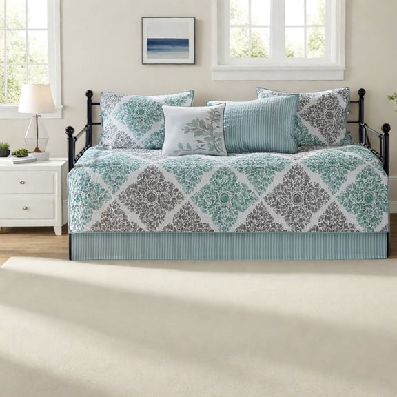 Modern Quilted 6Piece Bedding Set Reversible Aqua Cotton Design for Twin Daybed
