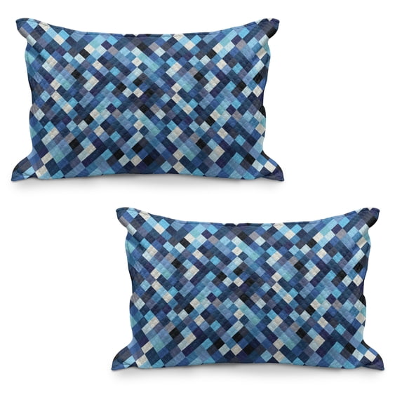 Modern Quilted Pillowcover Set of 2, Fashion Triangles Hexagons and Geometrical Shapes in Blue and White Colors Image, Standard Queen Size Pillow Cover for Bedroom, 36" x 20", Multicolor, by Ambesonne