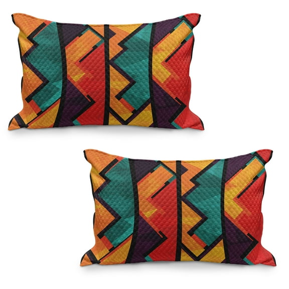 Modern Quilted Pillowcover Set of 2, Geometric Contemporary Art Design Black Bold Zig Zag Borders Pattern, Standard Queen Size Pillow Cover for Bedroom, 30" x 20", Teal Orange Marigold, by Ambesonne