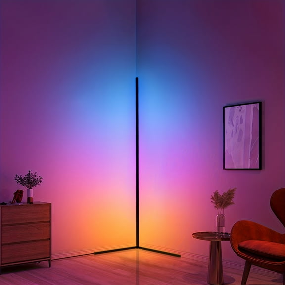 Modern RGB LED Corner Floor Lamp with Remote & App Control, Music Sync, and Timer | 61.42 Inch Tall Standing Light for Living Room, Bedroom, and Game Room Ambiance