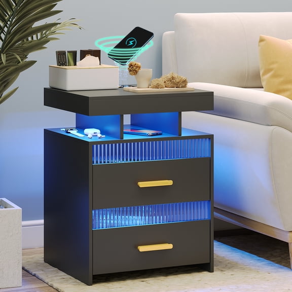 Modern RGB Smart Nightstand with Wireless Charging Station, USB Port - LED Nightstand Table for Bedroom Furniture - 2 Drawers & Open Storage Shelf - Home Office End Side Cabinet, Black