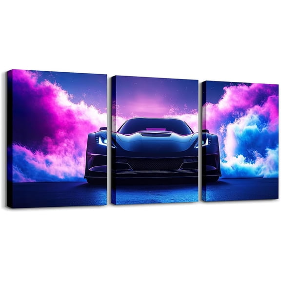 Modern Race Car Wall Art Lightning Wolf Animal Canvas Wall Art Set of 3 for Kids Boys Teen Watercolor 3D Cool Racing Car Poster Prints Rainbow Extreme Sports Decor,12x16