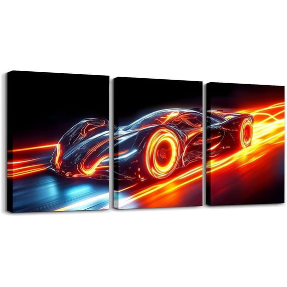 Modern Race Car Wall Art Lightning Wolf Animal Canvas Wall Art Set of 3 for Kids Boys Teen Watercolor 3D Cool Racing Car Poster Prints Rainbow Extreme Sports Decor,12x16