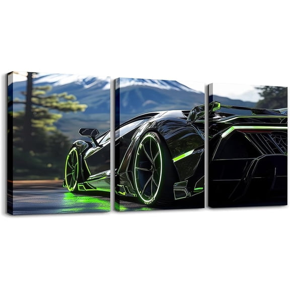 Modern Race Car Wall Art Lightning Wolf Animal Canvas Wall Art Set of 3 for Kids Boys Teen Watercolor 3D Cool Racing Car Poster Prints Rainbow Extreme Sports Decor,12x16