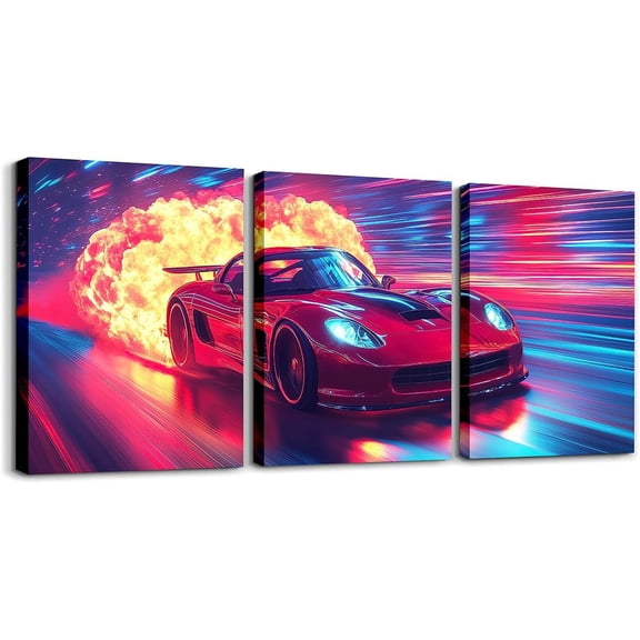 Modern Race Car Wall Art Lightning Wolf Animal Canvas Wall Art Set of 3 for Kids Boys Teen Watercolor 3D Cool Racing Car Poster Prints Rainbow Extreme Sports Decor,12x16