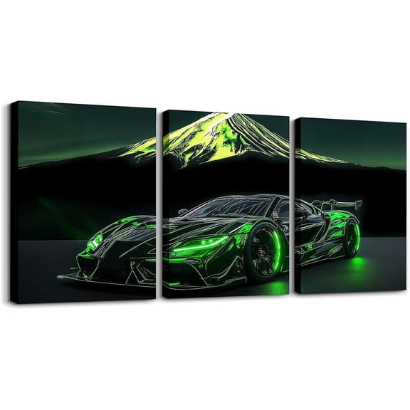 Modern Race Car Wall Art Lightning Wolf Animal Canvas Wall Art Set of 3 for Kids Boys Teen Watercolor 3D Cool Racing Car Poster Prints Rainbow Extreme Sports Decor,12x16