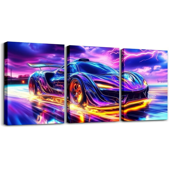 Modern Race Car Wall Art Lightning Wolf Animal Canvas Wall Art Set of 3 for Kids Boys Teen Watercolor 3D Cool Racing Car Poster Prints Rainbow Extreme Sports Decor,12x16