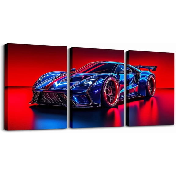 Modern Race Car Wall Art Lightning Wolf Animal Canvas Wall Art Set of 3 for Kids Boys Teen Watercolor 3D Cool Racing Car Poster Prints Rainbow Extreme Sports Decor,12x16