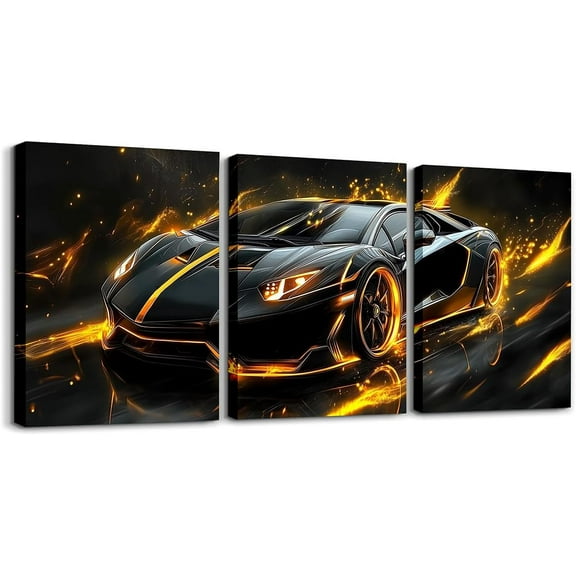 Modern Race Car Wall Art Lightning Wolf Animal Canvas Wall Art Set of 3 for Kids Boys Teen Watercolor 3D Cool Racing Car Poster Prints Rainbow Extreme Sports Decor,12x16