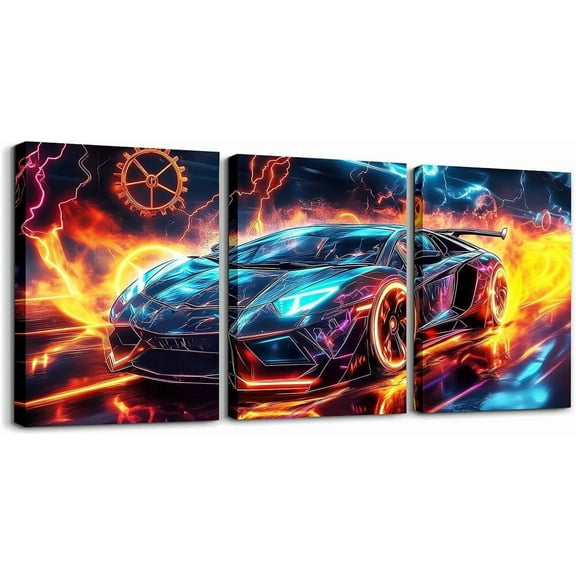 Modern Race Car Wall Art Lightning Wolf Animal Canvas Wall Art Set of 3 for Kids Boys Teen Watercolor 3D Cool Racing Car Poster Prints Rainbow Extreme Sports Decor,12x16