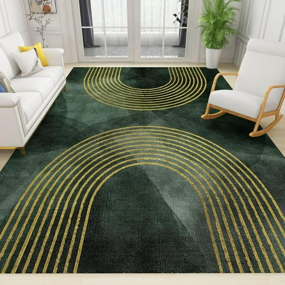 Modern Rainbow Area Rug, Green Gold Mid Century Abstract Luxury Print Carpet, Indoor Non-Slip Kids Rugs, Machine Washable Breathable Durable Carpet For Front Entrance Floor Decor 1x2ft
