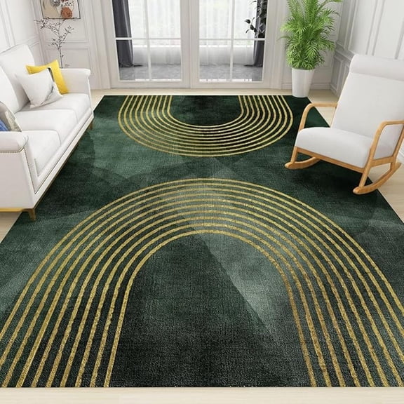 Modern Rainbow Area Rug, Green Gold Mid Century Abstract Luxury Print Carpet, Indoor Non-Slip Kids Rugs, Machine Washable Breathable Durable Carpet For Front Entrance Floor Decor 1x2ft
