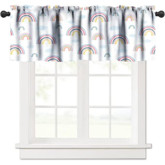 Modern Rainbow Curtain Valance Watercolor Rainbow Cute Clouds Simple Design Curtain Valance Kitchen Bedroom Decor 54"x18"