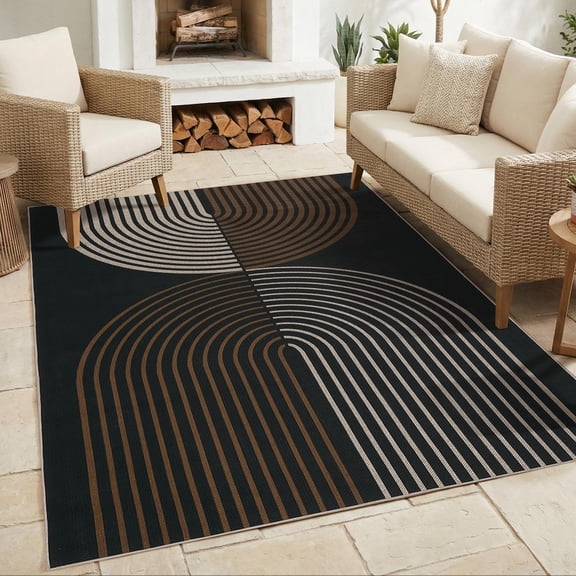 Modern Rainbow Easy Jute Rug 5x7, Washable Area Rugs for Living Room Farmhouse Dining Room, Contemporary Natural Non Slip Floor Carpet for Office RV Patio,Black/Brown/Natural