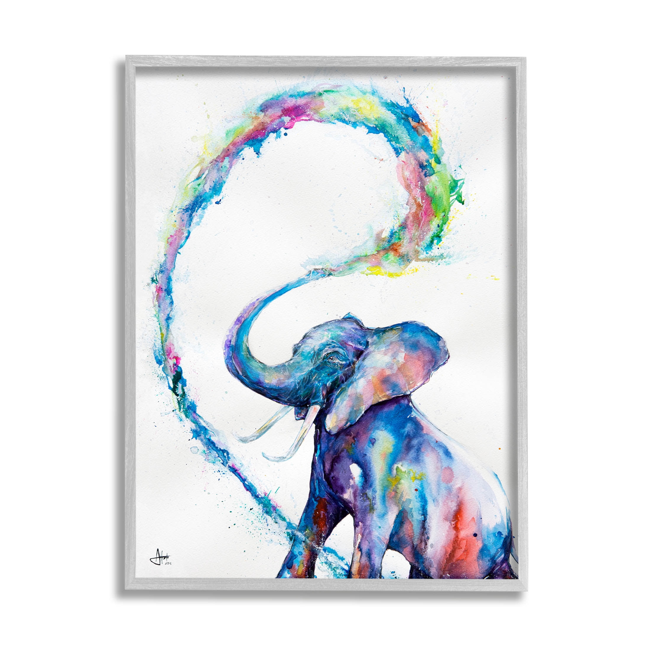 Modern Rainbow Elephant Splash Animals & Insects Graphic Art Gray Framed Art Print Wall Art
