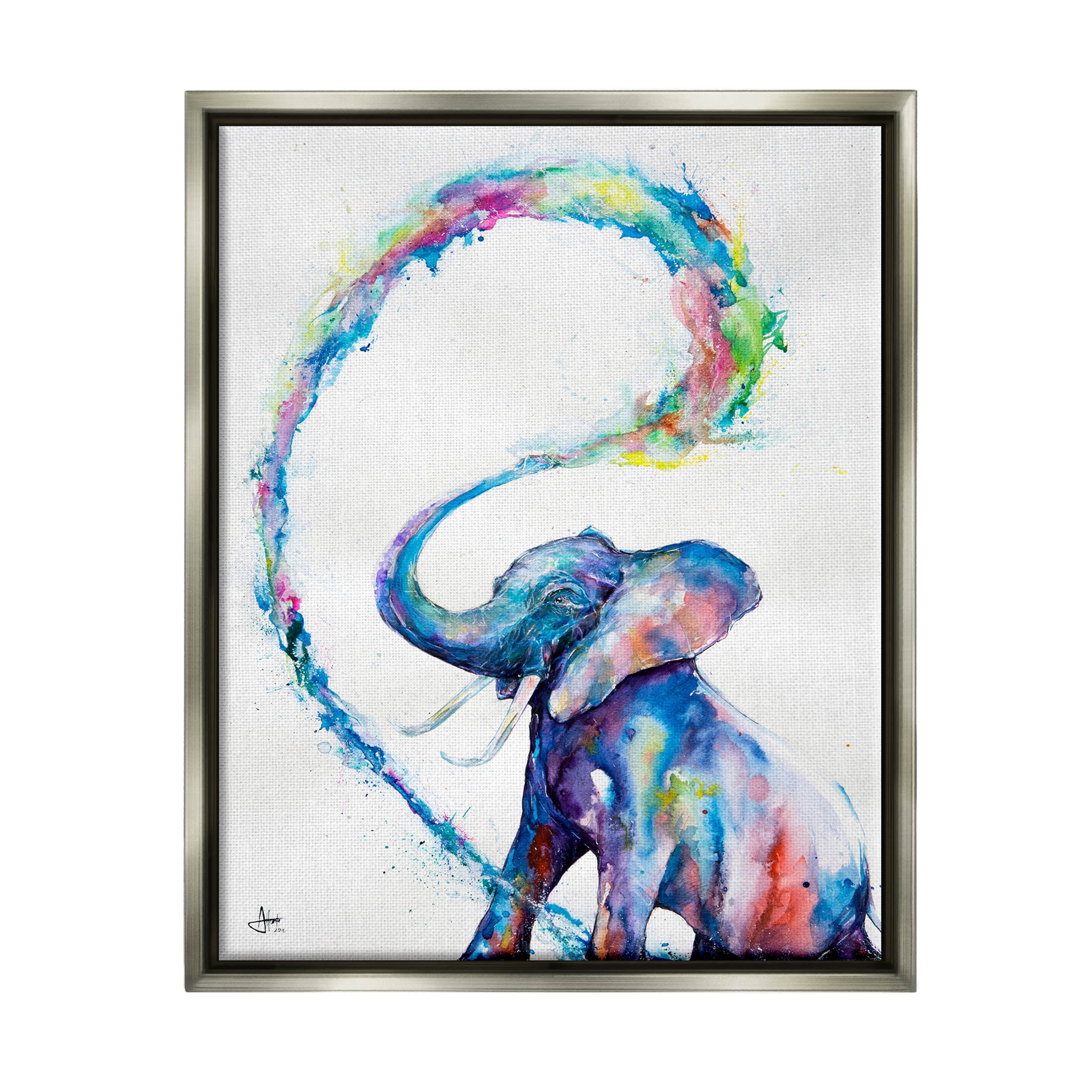 Modern Rainbow Elephant Splash Animals & Insects Graphic Art Luster Gray Framed Art Print Wall Art