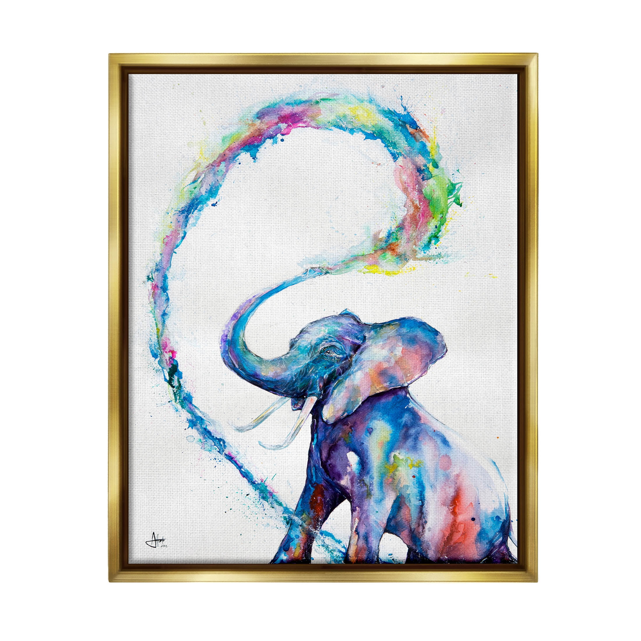 Modern Rainbow Elephant Splash Animals & Insects Graphic Art Metallic Gold Framed Art Print Wall Art