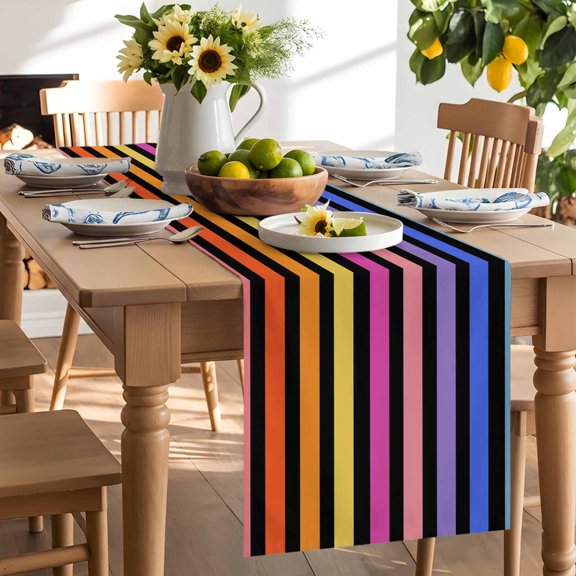 Modern Rainbow Stripes Table Runner 72 Inch Long Boho Vertical Striped Table Runners Linen Burlap Tablerunner for Kitchen Dining Room Holiday Party