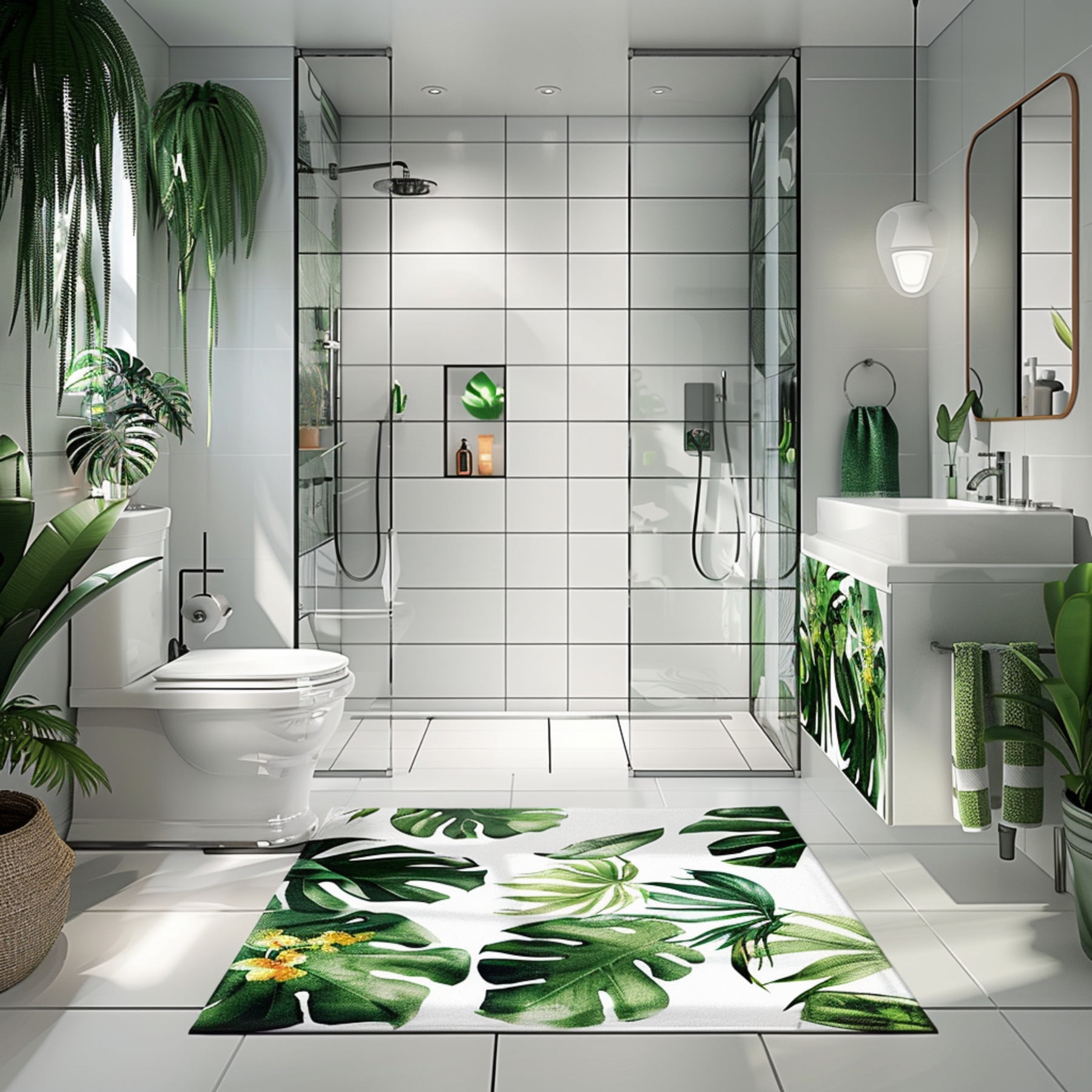 Modern Rainforest Bathroom Design with White Tiles Green Glass Wall and