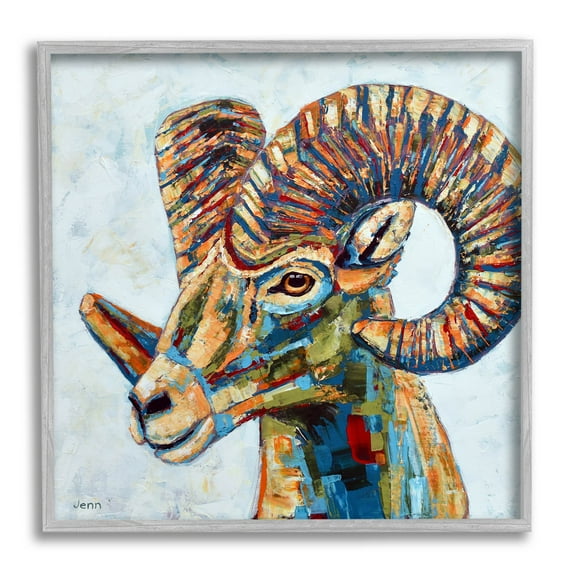 Modern Ram Hued Portrait Animals & Insects Painting Gray Framed Art Print Wall Art