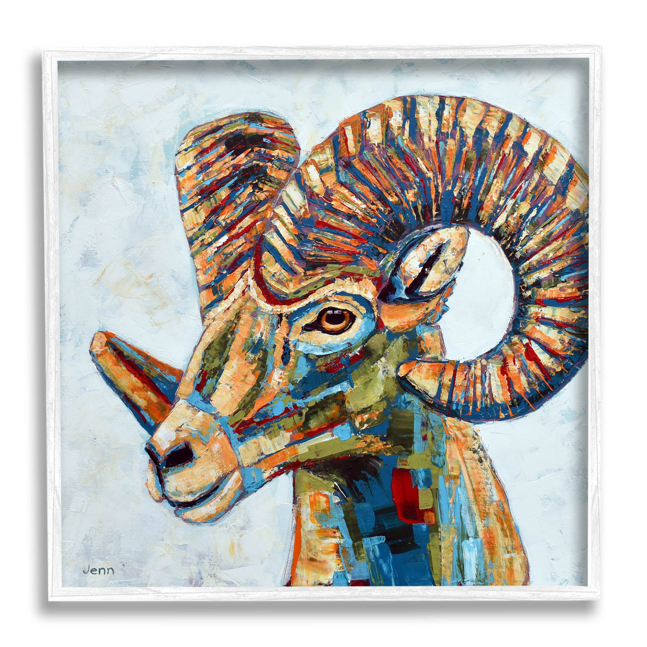 Modern Ram Hued Portrait Animals & Insects Painting White Framed Art Print Wall Art