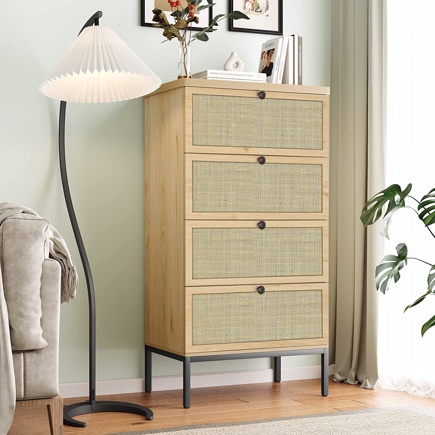 Modern Rattan 4 Drawer Dresser for Bedroom, Industrial Wood Tall Chest