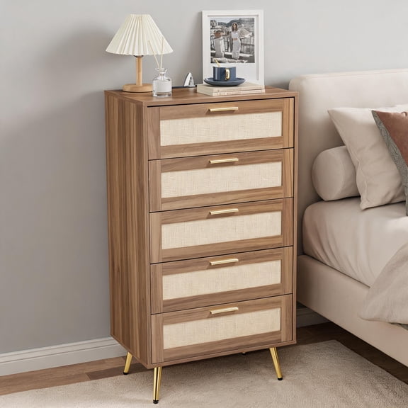 Modern Rattan 5-Drawer Dresser – Tall Wooden Chest with Metal Handles, Splayed Legs, Versatile Storage Organizer for Bedroom, Entryway, Living Room –Dark Walnut