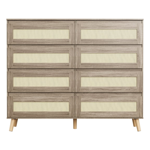 Modern Rattan 8 Drawer Dresser - Wide Wooden Chest with Ample Storage - Stylish Storage Cabinet