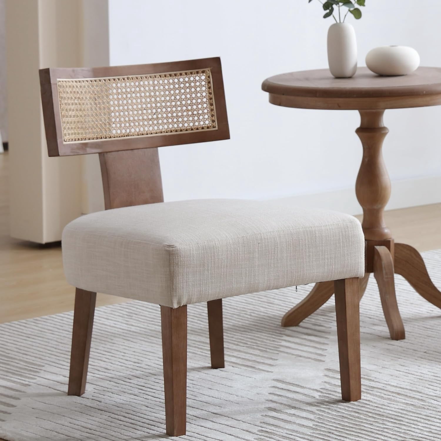 Beige Rattan Linen Modern Rattan Accent Chair, Linen Upholstered Accent Chair with Rattan ...
