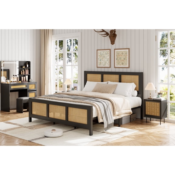Modern Rattan Bed Frame – King Size Platform with Headboard, Bohemian Design, Metal Slats Support, Noise-Free, Underbed Storage, No Box Seasonal Needed – Bedroom Furniture