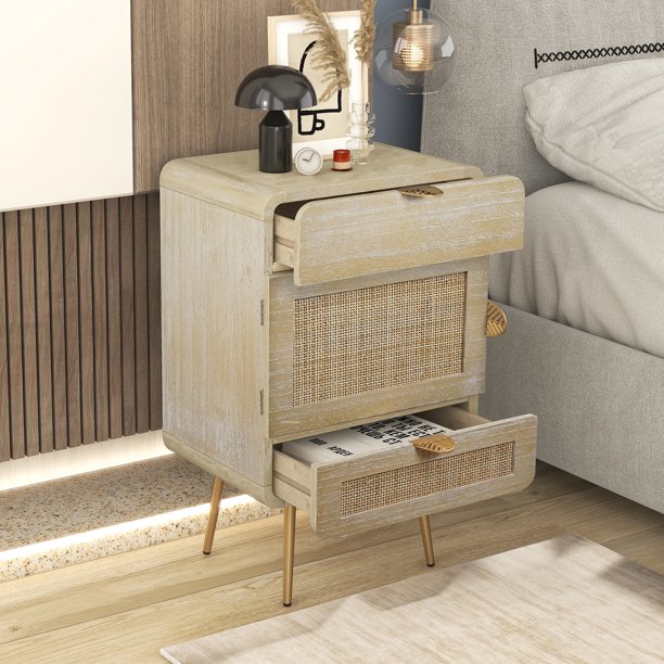 Modern Rattan Bedroom Nightstand with 2 Drawers and 1 with Door for Living Room, Guests