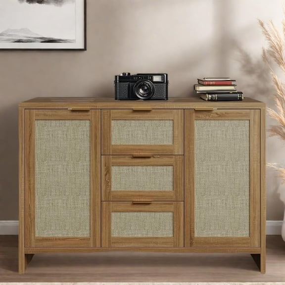 Modern Rattan Buffet Cabinet Sideboard with Storage,47.2" Boho Credenza Buffet Console Table with Drawers&Doors,Wooden Coffee Bar Cabinet for Entryway/Living Room/Farmhouse