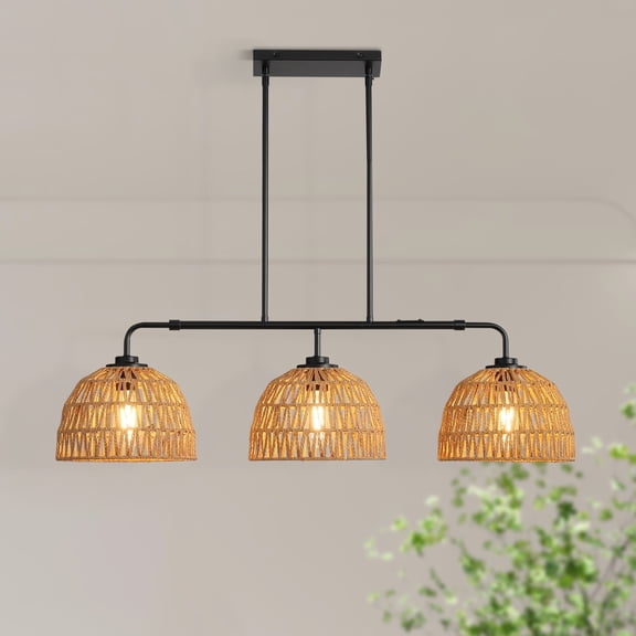 Modern Rattan Chandelier Fixture Kitchen Island Hanging Ceiling Lights for Dining Room-Black