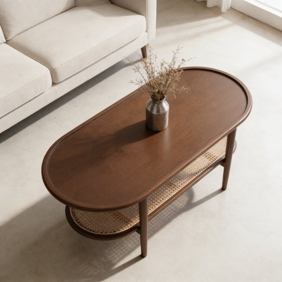 Modern Rattan Coffee Table, 39.5" Oval Walnut Wood Coffee Table with Storage Shelf for Living Room, 2-Tier Center Table Entryway Table Side Table Nightstand for Bedroom, Office, Small Space, Cafe