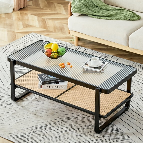 Modern Rattan Coffee Table, Double-Layer Rectangular Coffee Table with U-Shaped Wooden Legs, Glass Top Coffee Table for Living Room Lounge Bedroom, Black