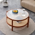 thumbnail image 1 of Modern Rattan Coffee Table, Double-Layer Round Coffee Table with Solid Wood Legs, Glass Top Coffee Table for Living Room Lounge Bedroom, Walnut, 1 of 4