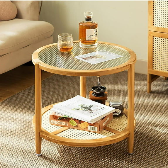 Modern Rattan Coffee Table Round Double-Layer Solid Wood Desktop Tea Table with Glass Tabletop for Living Room,Dining Room and Bedroom,Round Rattan Coffee Table Wood Table Center Table with Storage