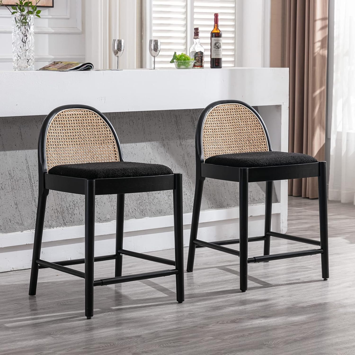 Modern Rattan Counter Stools Set of 4, 26 Inch Height - Wooden Boucle ...