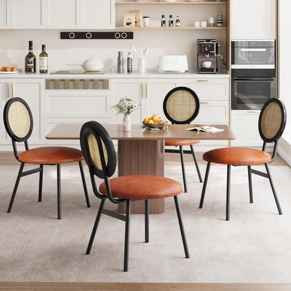 Modern Rattan Dining Chair Set Of 2 Or 4, Faux Leather Upholstered Seat, Hand-Woven Cane Back, Cantilever Metal Legs – Comfortable For Dining Room Or Kitchen