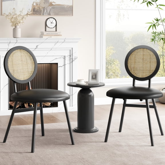 Modern Rattan Dining Chairs, 2 Pack Faux Leather Upholstered Dining Room Chairs, Hand‑Woven Cane Backrest Metal Leg Stackable Kitchen Chairs for Dining Room Living Room, Black