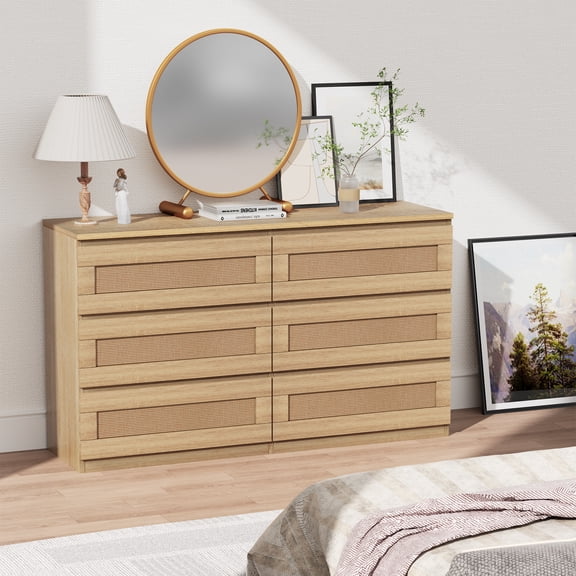 Modern Rattan Dresser for Bedroom, Wide Chest of Drawers with Anti-Tip Kit & Smooth SlideRa-il 6 Drawer Double Dresser for Bedroom, Living Room, Hallway