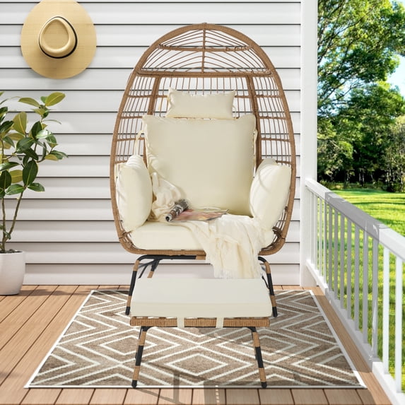 Modern Rattan Egg Chair, Oversized Large Egg Chairs with Ottoman and Thick Cushions for Porch, Backyard, Balcony, 4 Available Color Cushion
