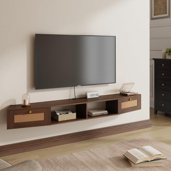 Modern Rattan Floating TV Stand, Wall-Mounted Entertainment Center for TVs up to 80 Inches with Doors, Under TV Storage, 70 Inch, Caramel Oak