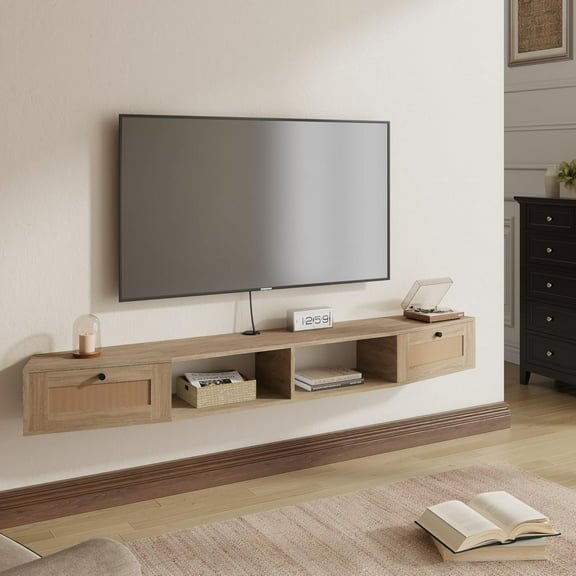 Modern Rattan Floating TV Stand, Wall-Mounted Entertainment Center for TVs up to 80 Inches with Doors, Under TV Storage, 70 Inch, Oak