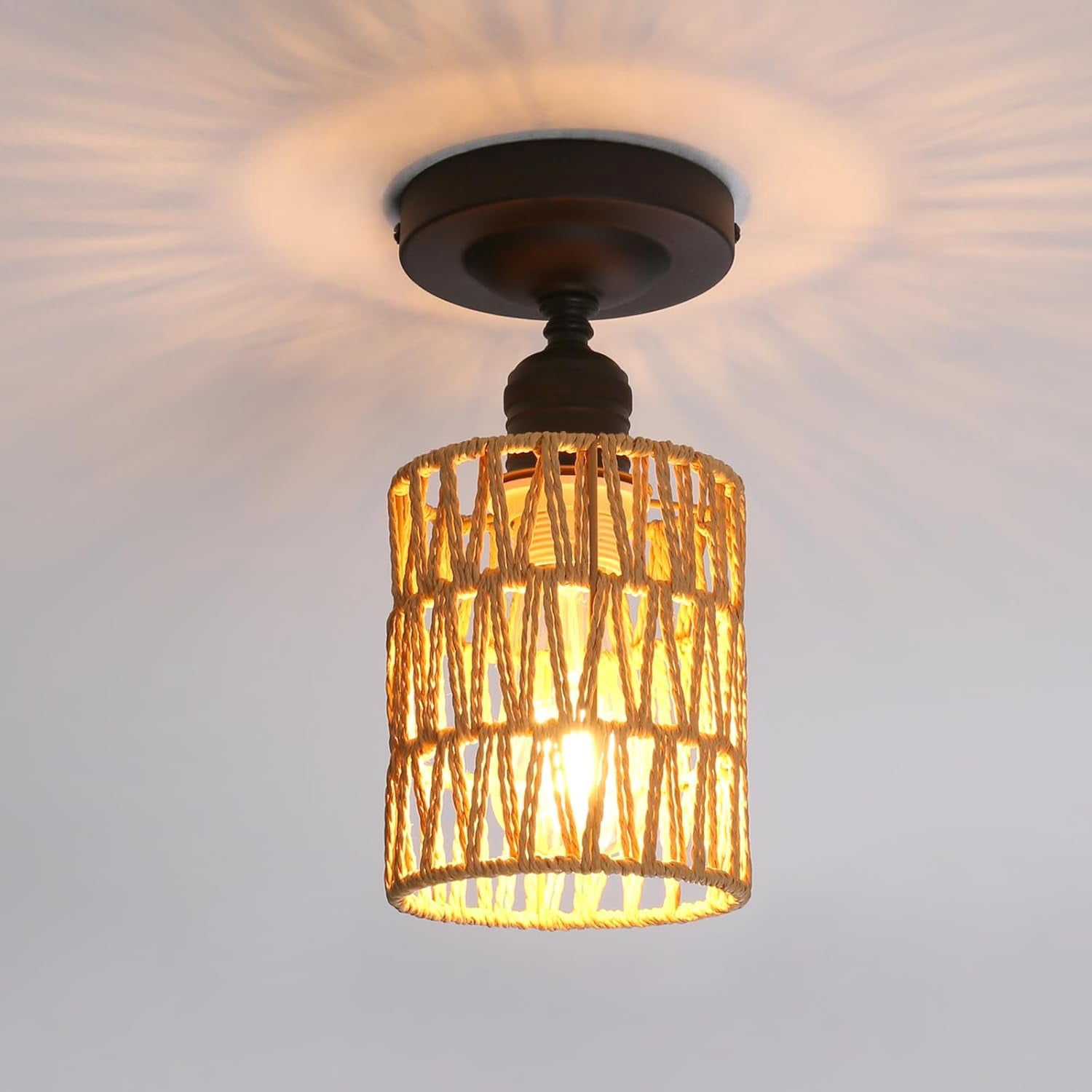 Modern Rattan Flush Mounted Ceiling Light Handmade Woven Rattan Shade ...