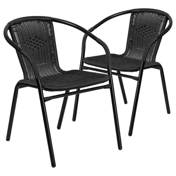 Modern Rattan Indoor/Outdoor Restaurant Dining Chairs, Stackable Rattan Bistro Chairs for Patio or Restaurant, Set of 2, Black