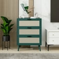 thumbnail image 1 of Modern Rattan Nightstand, 3 Drawer Storage Cabinet with Solid Wood Legs, Sofa Side Bedside Table for Bedroom, Living Room, Study , Easy to Assemble, Dark Green, 1 of 8