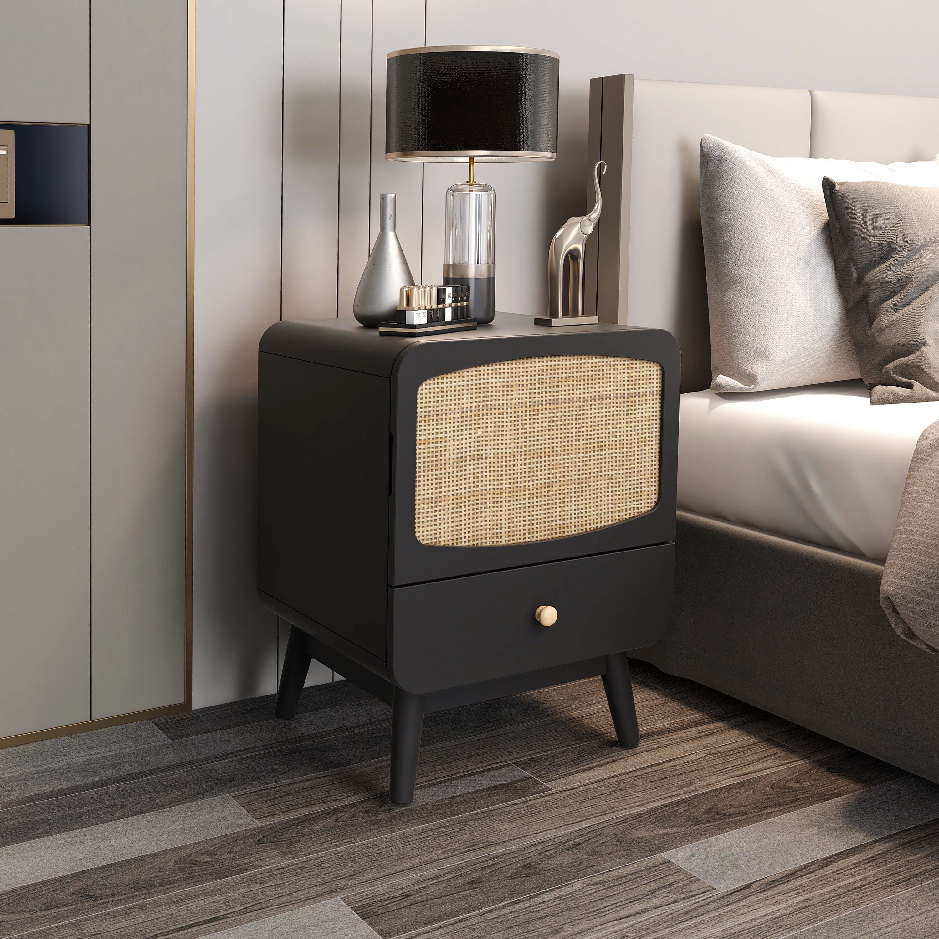 Modern Rattan Nightstand with Drawer and Shelf for Bedroom, Bedsize Table for Living Room and