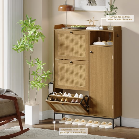 Modern Rattan Shoe Cabinet – 3 Turn Drawers & 4-Tier Adjustable Shelves – Freestanding Narrow Shoe Storage Organizer – Metal Knobs – Easy Assembly – Perfect for Entryway, Hallway, Closet