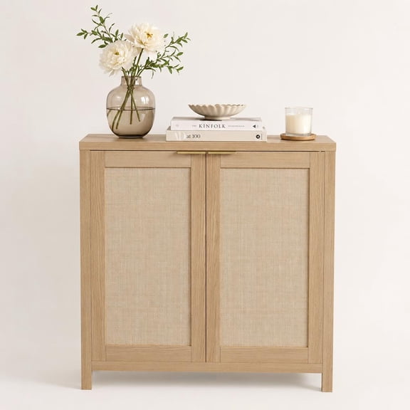 Modern Rattan Sideboard Buffet Cabinet – Adjustable Shelves, Metal Handles – Accent Storage Console for Entryway, Kitchen, Living Room, Dining Room – Natural Finish